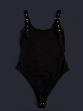 Forever 21 Black Ribbed Snap-Front Bodysuit with Buckle Straps